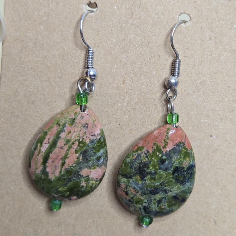 Agate Stone Pink Green Teardrop Earrings